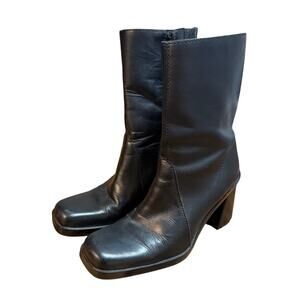 Vintage MIA Black Leather Square Toe Mid Calf Boots with Chunky Heel Size 6.5
